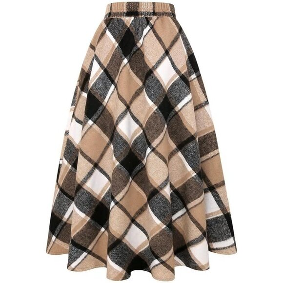 Womens Wool Skirt Elastic Waist Tartan Pleated A-Line Long Fall Winter - Picture 2 of 6